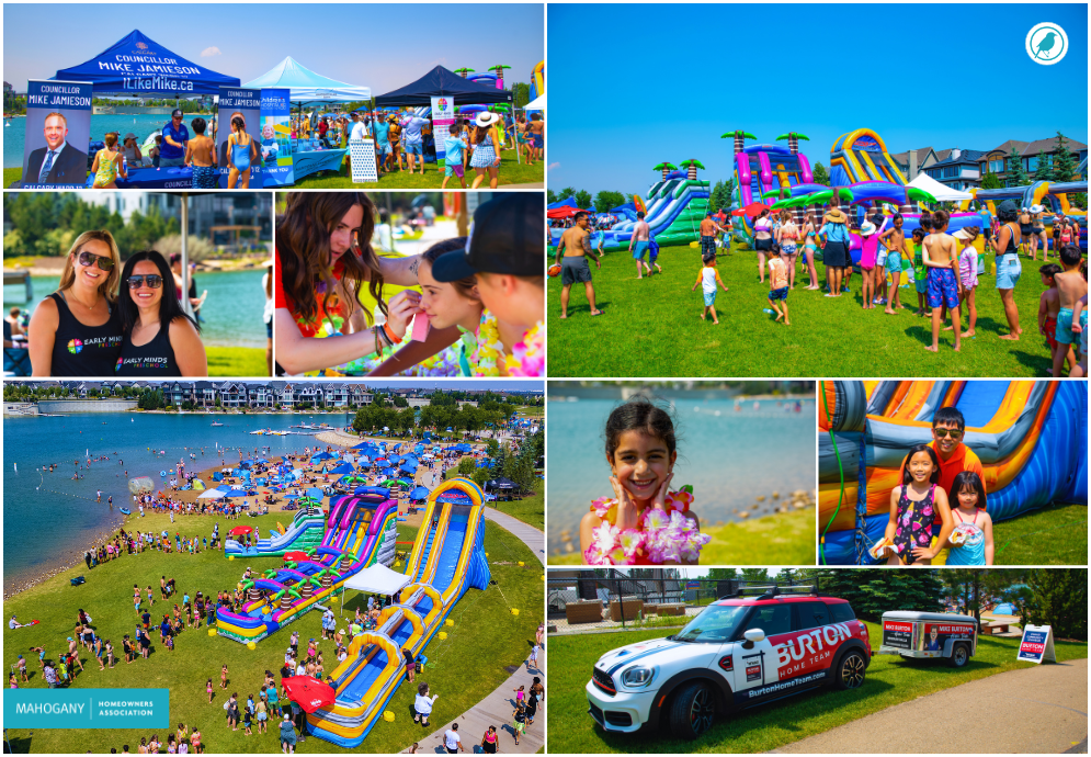 Photo collage from Beach Blaster: sponsor tents, inflatables, residents, and an aerial view of the beach