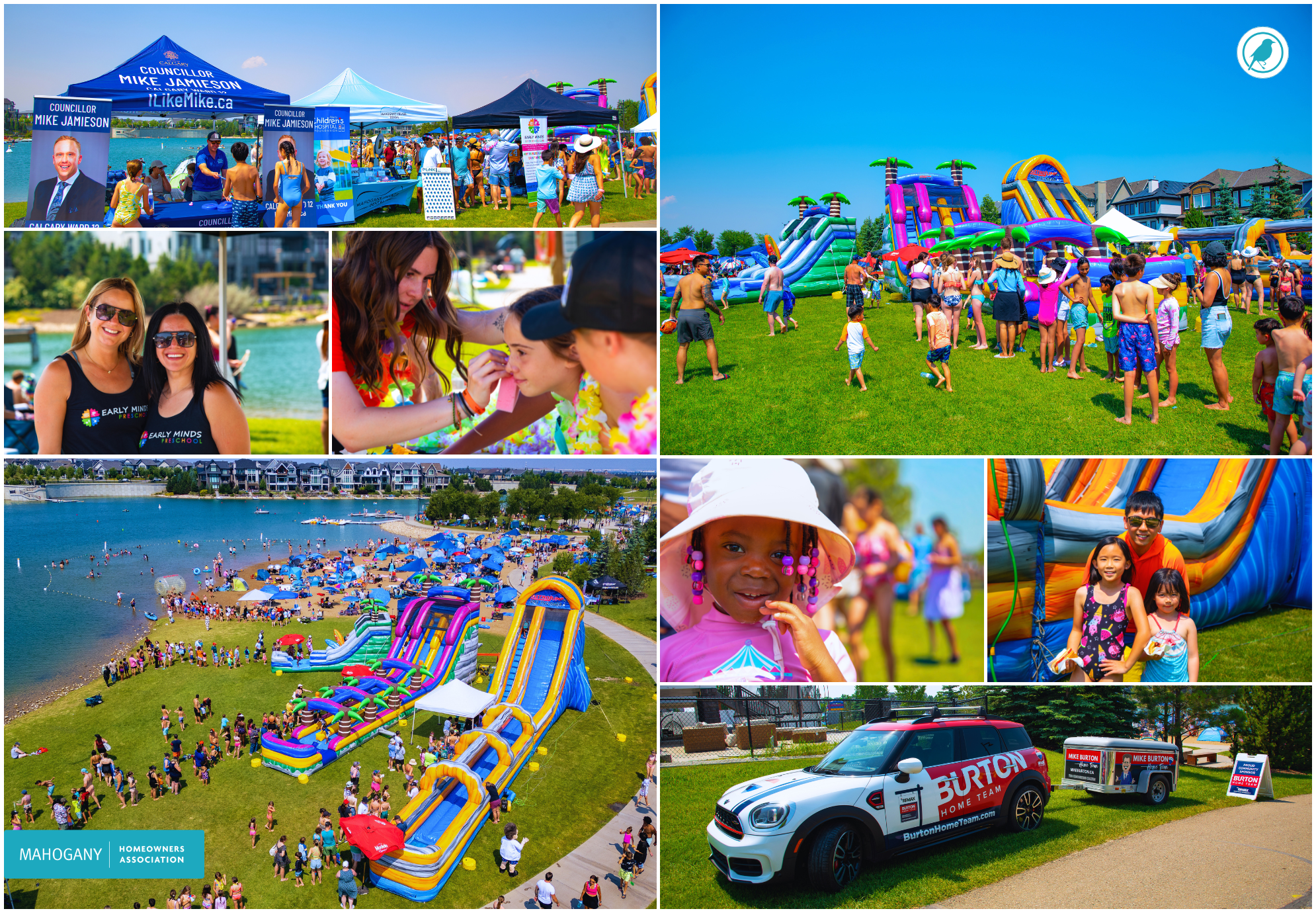 Photo collage from Beach Blaster: sponsor tents, inflatables, residents, and an aerial view of the beach