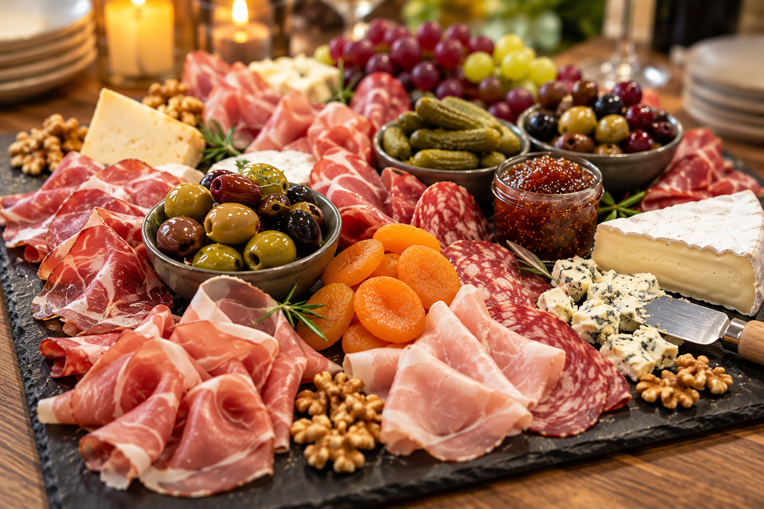 Charcuterie board with cured meats, olives and cheeses