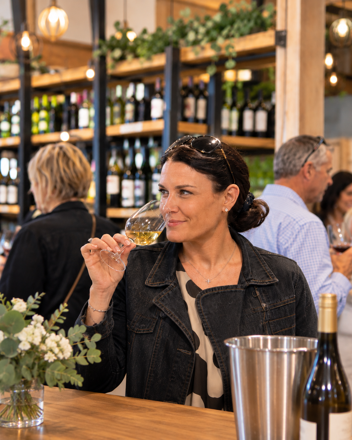 A guest enjoying a glass of wine at a tasting