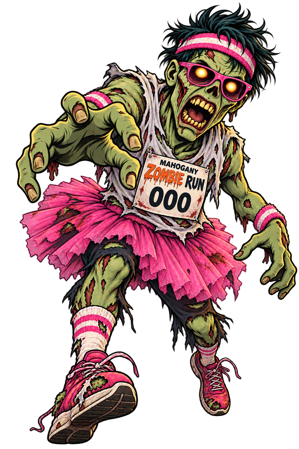 Zombie runner in a pink tutu, headband and sneakers lunging toward you